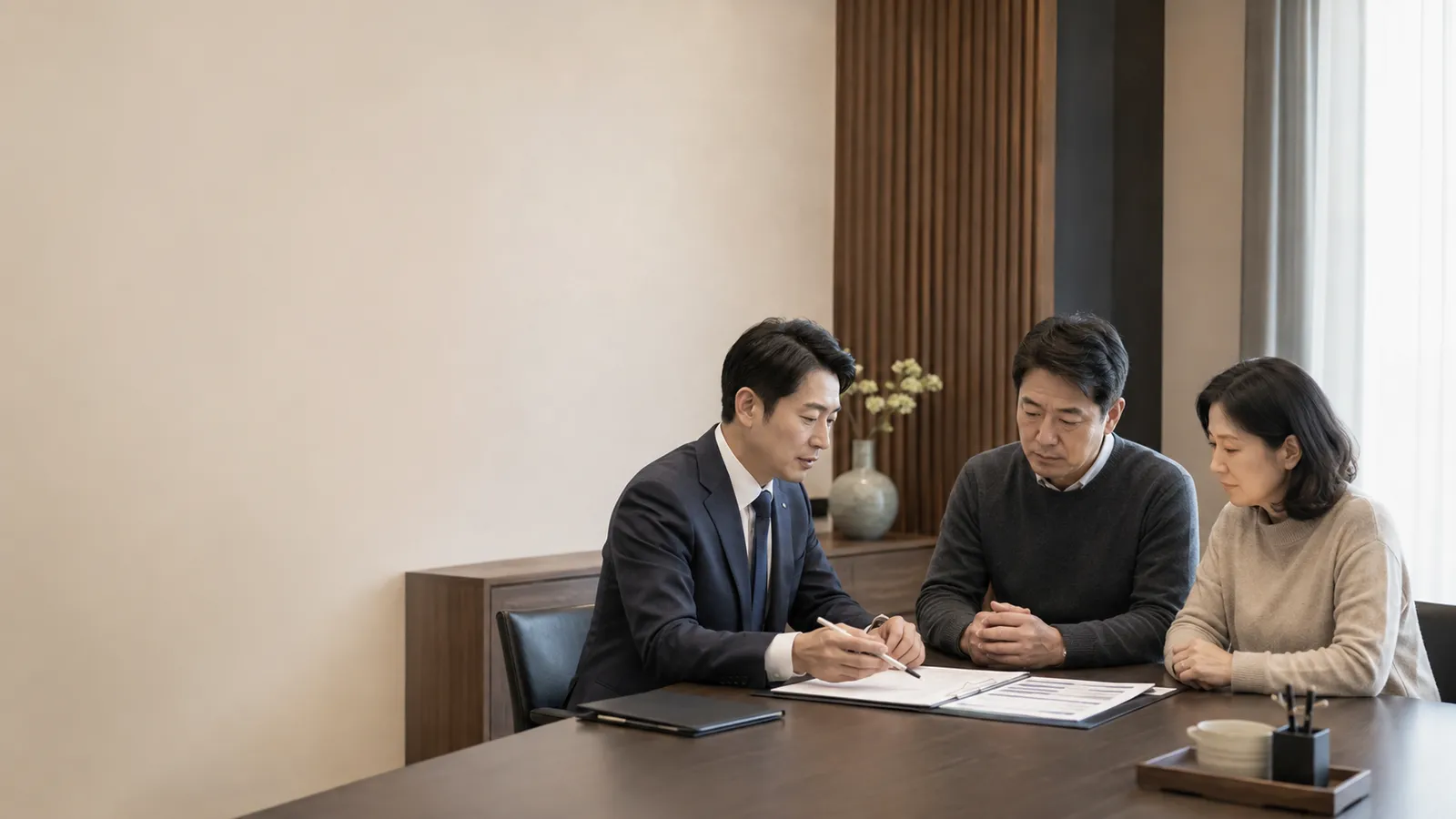 장례 상담 담당자가 유가족에게 절차와 비용을 설명하는 모습